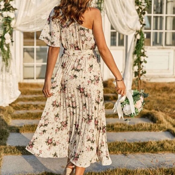 Boho floral pleated belted off shoulder dress - Picture 6 of 8